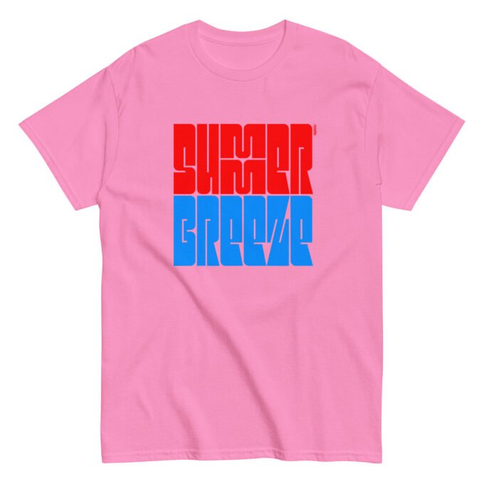 Azalea pink t-shirt with colorful typographic "Summer Breeze" print on the chest
