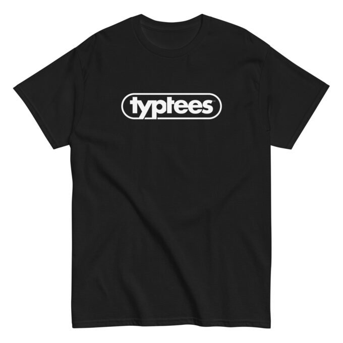 Black t-shirt with white TypTees logo printed on chest