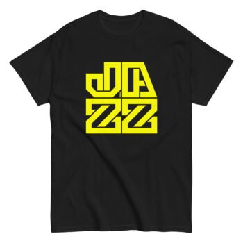 Black t-shirt with yellow typographic "Jazz" print on the chest