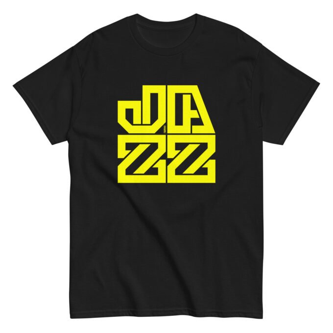 Black t-shirt with yellow typographic "Jazz" print on the chest