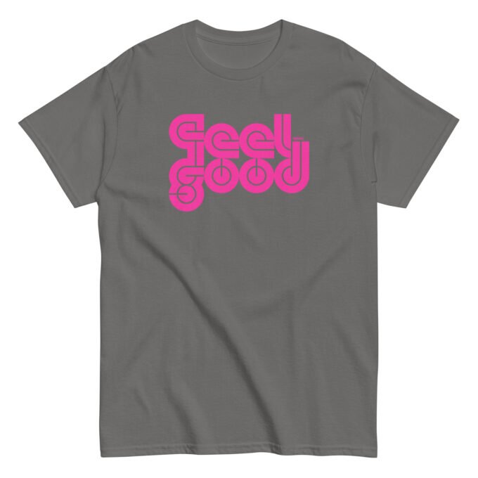 Charcoal grey t-shirt with magenta typographic "feel good" print on chest
