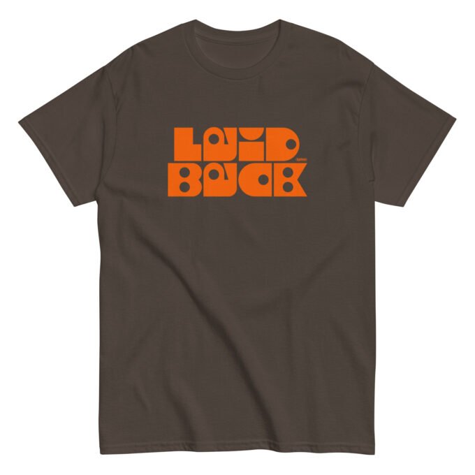 Dark chocolate brown t-shirt with orange typographic "Laid Back" print on chest