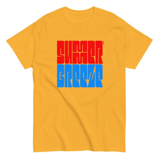 Yellow gold t-shirt with colorful typographic "Summer Breeze" print on the chest