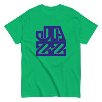 Irish green t-shirt with dark blue typographic "Jazz" print on the chest