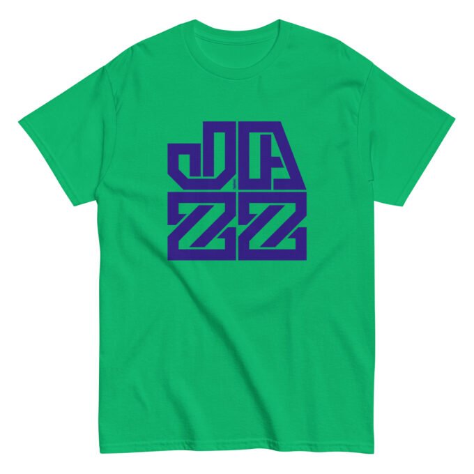 Irish green t-shirt with dark blue typographic "Jazz" print on the chest