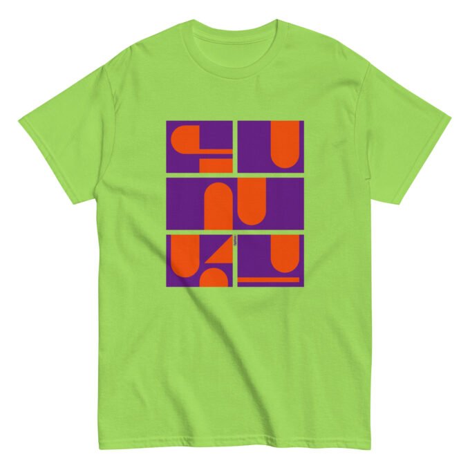Lime green t-shirt with colorful typographic "Funky" print on the chest