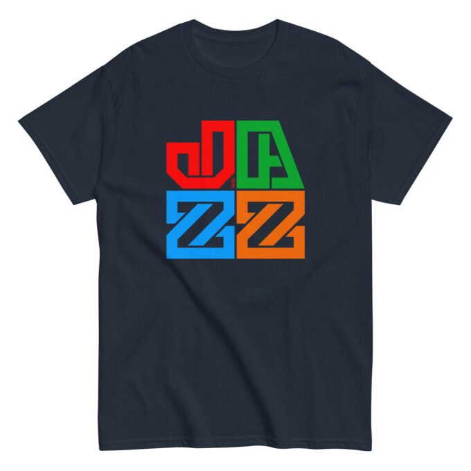 Navy blue t-shirt with colorful typographic "Jazz" print on the chest