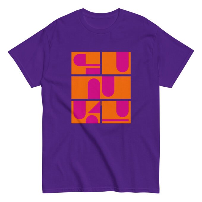 Purple t-shirt with colorful typographic "Funky" print on the chest