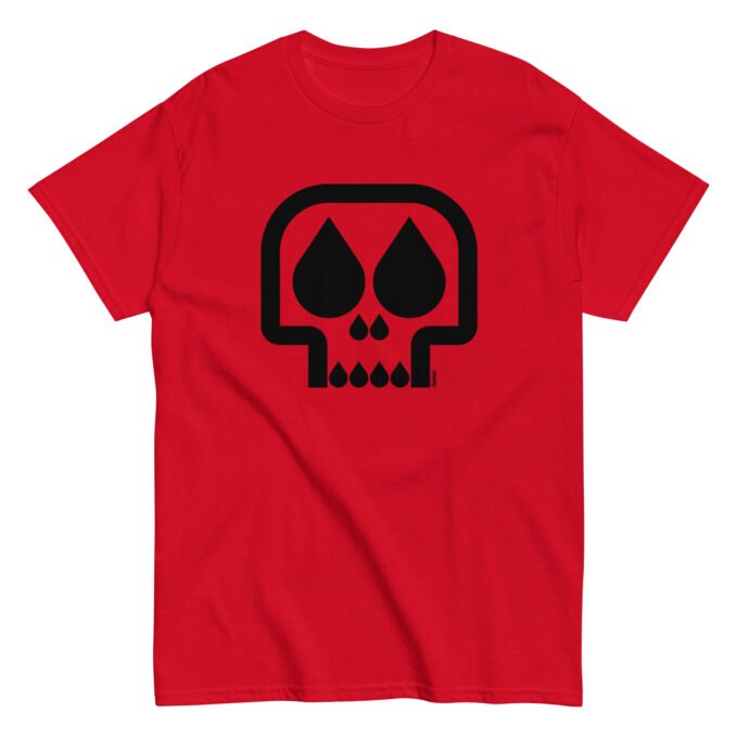 Red unisex t-shirt with graphic black skull print on the chest