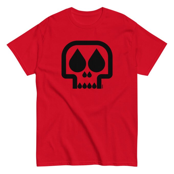 Red t-shirt with black skull print on the chest