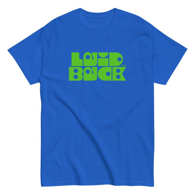 Royal blue t-shirt with green typographic "Laid Back" print on chest