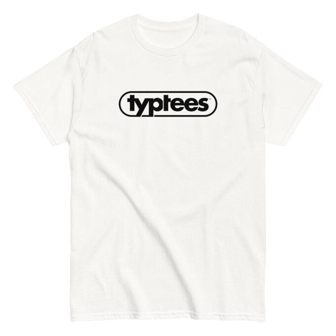 White t-shirt with black TypTees logo printed on chest