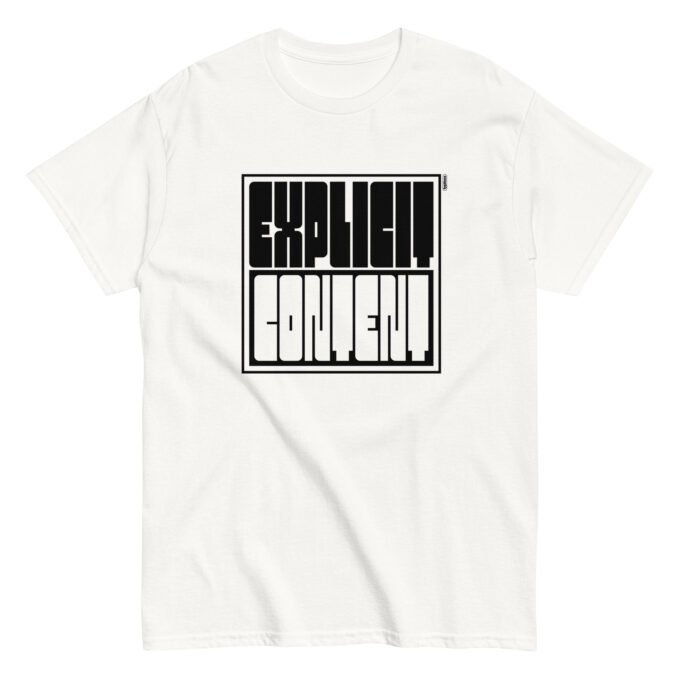 White t-shirt with typographic "Explicit Content" print on the chest