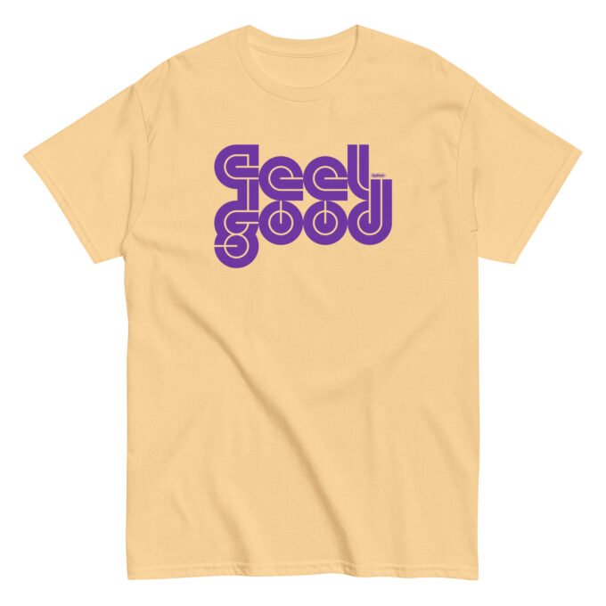 Yellow haze t-shirt with purple typographic "feel good" print on chest